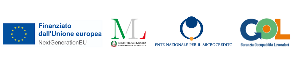 Loghi Istituzionali: Unione Europea, Ministero del Lavoro, Programma GOL, Ente Nazionale per il Microcredito
